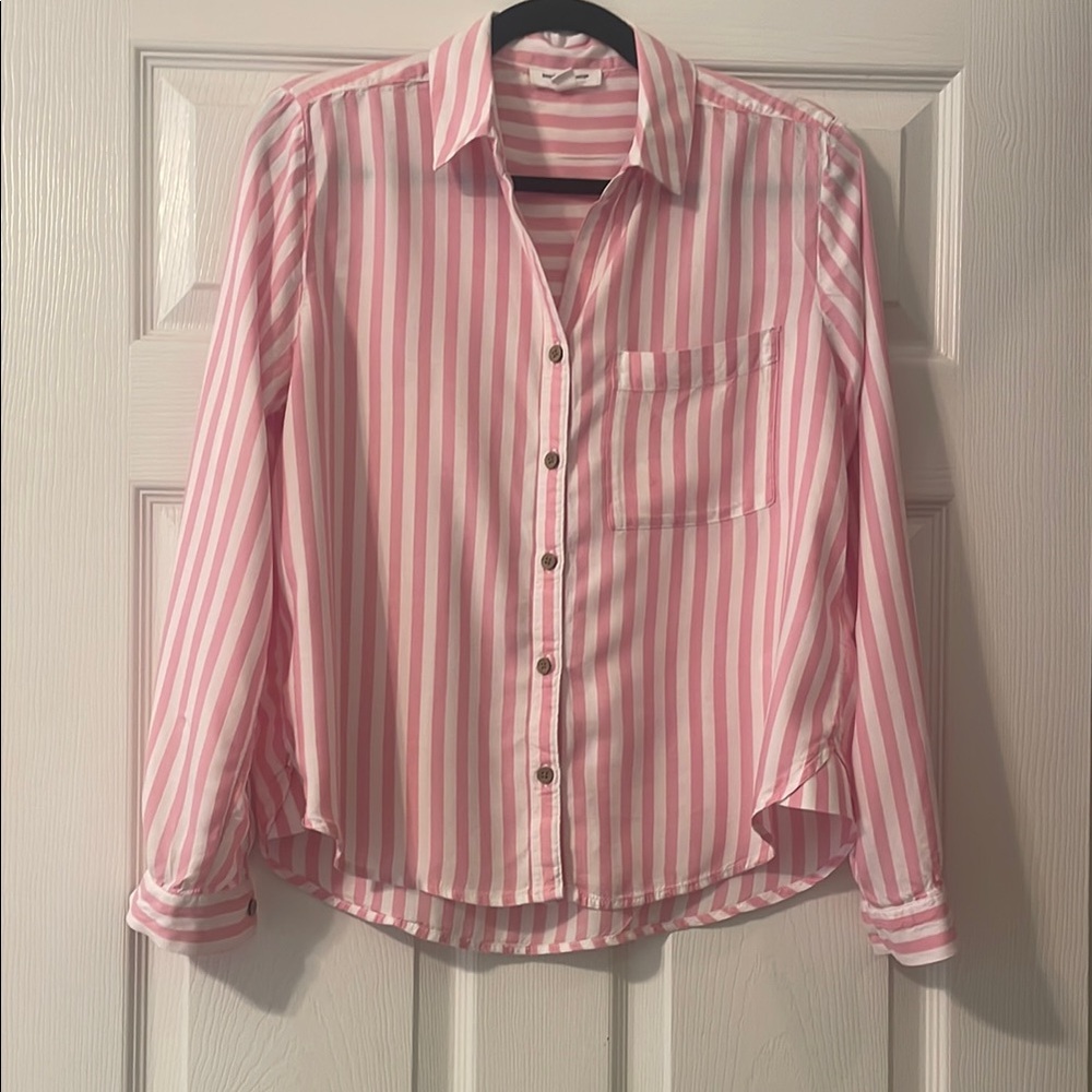 Pink and White Striped Button-Up Shirt , Summer, lightweight, beach , pool
